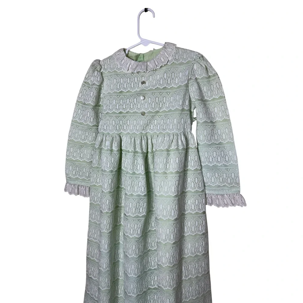 Vintage Nannette Girls Mint Green Lace Prairie Dress Size 6 Maxi Long Sleeve USA